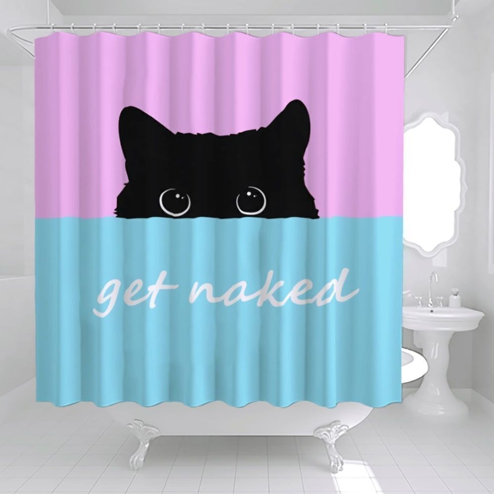 Cute Black Cat Shower Curtain Funny Cartoon Cat Look Shower Curtain